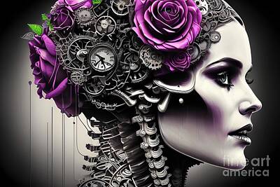 Steampunk Mixed Media - Roses and Gears - A Stunning Steampunk Cyborg Portrait by Artvizual Premium