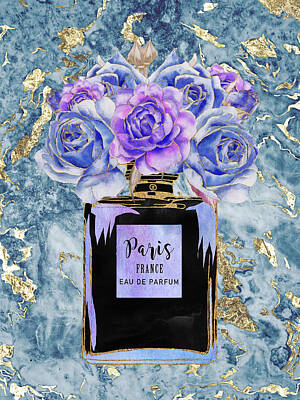 Best Sellers - Roses Digital Art - Roses perfume bottle on blue marble by Mihaela Pater