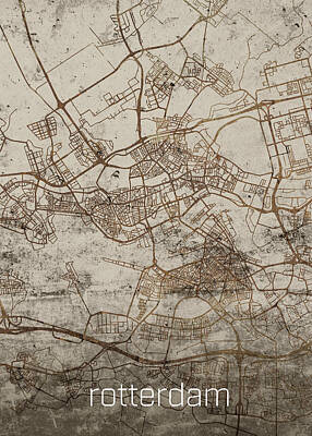 Cities Mixed Media Royalty Free Images - Rotterdam Vintage Rusty City Street Map on Cement Background Royalty-Free Image by Design Turnpike