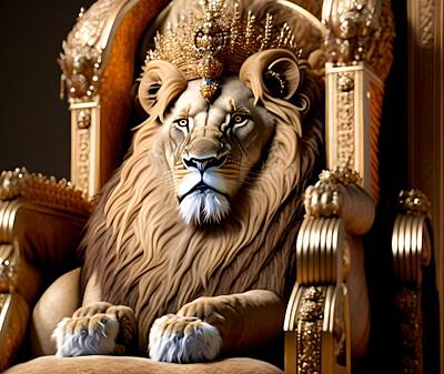 Portraits Rights Managed Images - Royal Lion Sitting on Throne, Generative AI Illustration Royalty-Free Image by Miroslav Nemecek