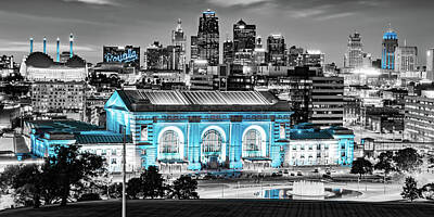 Baseball Royalty Free Images - Royals Blue Splash And The Kansas City Missouri Skyline - Selective Color Panorama Royalty-Free Image by Gregory Ballos