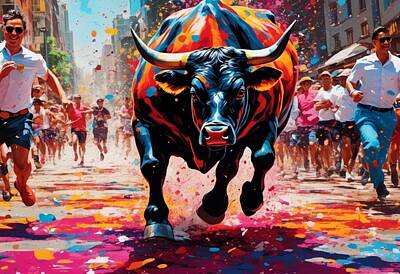 Mammals Rights Managed Images - Running of the Bulls 3 Royalty-Free Image by James Cousineau