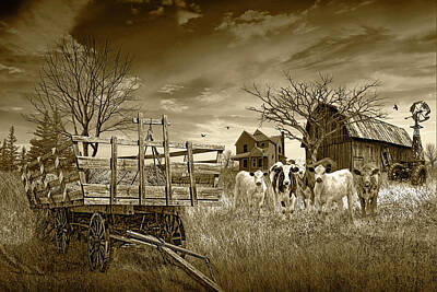 Randall Nyhof Royalty-Free and Rights-Managed Images - Rural Farm Scene Rural Farm Scene in Sepia Tone with Hay Wagon,  by Randall Nyhof