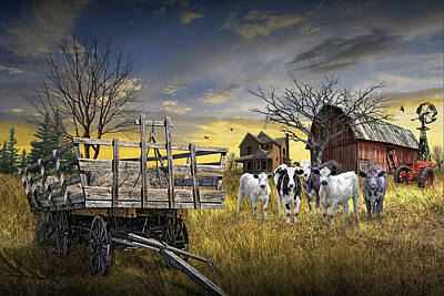 Randall Nyhof Royalty-Free and Rights-Managed Images - Rural Farm Scene with Hay Wagon, Cattle, Barn, and Tractor. by Randall Nyhof