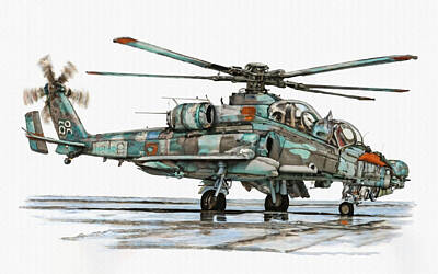 Reptiles Drawings - Russian Air Force Ka 52 Reconnaissance And Attack Helicopter Alligator Hokum B by Lowell Harann