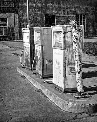 Thomas Kinkade - Rusted Old Gas Pumps Black and White Photograph by Ann Powell