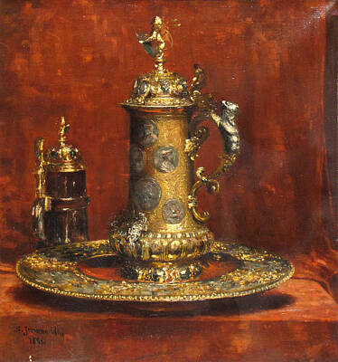 Beer Paintings - S JEROME UHL American 1842 1916 Still life with a beer stein on a gold platter 1890 by Artistic Rifki