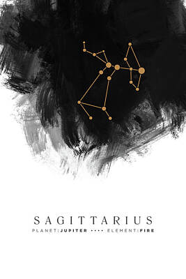 Mixed Media Rights Managed Images - Sagittarius Zodiac Sign - Minimal Print - Zodiac, Constellation, Astrology, Good Luck, Sky - Black Royalty-Free Image by Studio Grafiikka