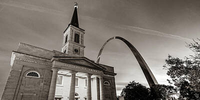 Curated Weekender Tote Bags - Saint Louis Gateway Arch and Old Cathedral Panorama - Classic Sepia by Gregory Ballos