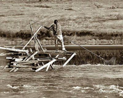Joe Hamilton Nfl Football Wood Art - Yakima River Salmon Fishing Platform Sepia by William Meeuwsen