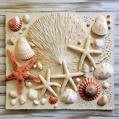 Beach Digital Art - Shells,and star fish by Elaine Manley