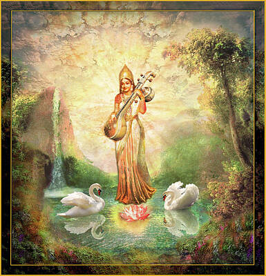 Landscapes Mixed Media Royalty Free Images - Sarasvati - Goddess of Art, Music and Wisdom Royalty-Free Image by Ananda Vdovic