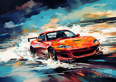 Abstract Landscape Drawings - Savanna RX-7 GT-Limiteds Coastal Symphony Mazdas Abstract Drive by the Sea by Lowell Harann