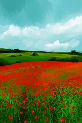 Landscapes Mixed Media - Scarlet Meadow - Minimal Landscape Painting - Colorful, Poetic Abstract by Cosmic Soup