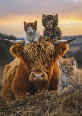 Mammals Mixed Media - Scottish Highland Cow and Three Kittens by Tim Hill