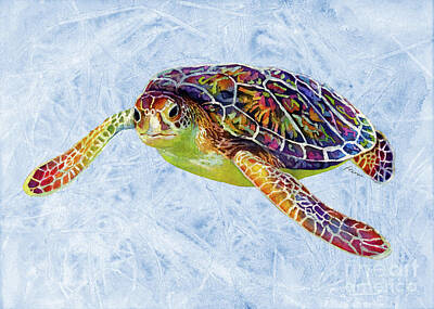 Animals And Earth - Sea Turtle 3 on Blue by Hailey E Herrera