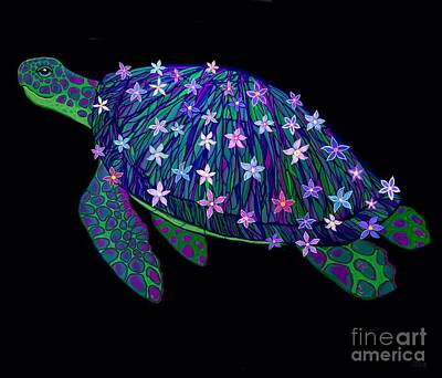 Reptiles Digital Art - Sea Turtle and Flowers  by Nick Gustafson