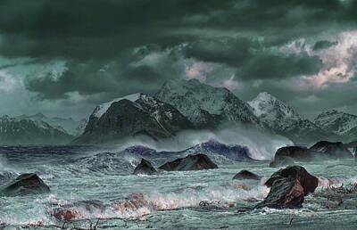 Surrealism Digital Art - Sea Waves Crashing on Shore in Norway - Surreal Art by Ahmet Asar by Celestial Images