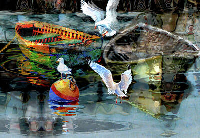 Birds Paintings - Seagull Games On Harbor Buoys And Rowboat Toys by Hanne Lore Koehler