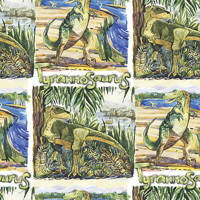 Landscapes Drawings - seamless dinosaur background, handwritten text tyrannosaurus, freehand drawing, dinosaur silhouettes, Mesozoic era landscape, watercolor illustration by Julien