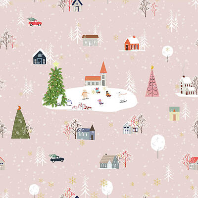 Landscapes Drawings - Seamless pattern Cute Christmas landscape in the town with fairy tale houses, car, polar bear playing ice skates and Christmas trees, Panorama flat design in village on Christmas eve by Julien