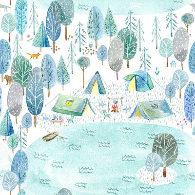 Landscapes Drawings - Seamless pattern of a camping in the woods and lake. Tent, trees, bonfire, plants, boat and floral. Landscape tourism. Watercolor hand drawn illustration. White background.  by Julien