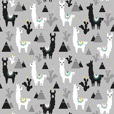 Animals Drawings - Seamless pattern of llama cactus and mountains by Julien