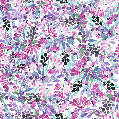 Floral Drawings Rights Managed Images - Seamless pattern of purple flowers and berries, blue leaves painted in watercolor on a white background Royalty-Free Image by Julien