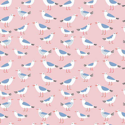 Vintage Magician Posters - Seamless pattern with cute cartoon seagulls by Julien