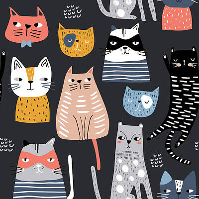 Mammals Drawings - Seamless pattern with cute Kittens in diferent style. Creative childish texture. by Julien