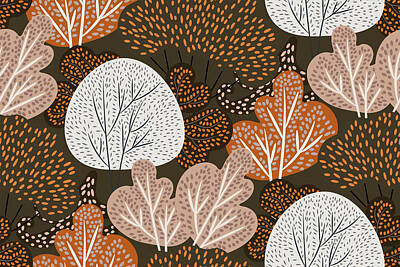 Abstract Landscape Drawings - Seamless pattern with different kinds of trees by Julien