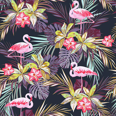 When Life Gives You Lemons - Seamless pattern with flamingo birds and exotic plants by Julien