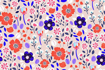 Abstract Drawings - Seamless pattern with flowers leaves branches by Julien