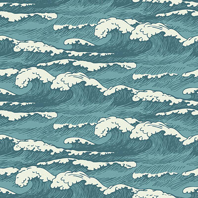 Beach Drawings - seamless pattern with hand-drawn waves in retro style. Decorative repeating illustration of the sea or ocean, blue storm waves with breakers of seafoam by Julien