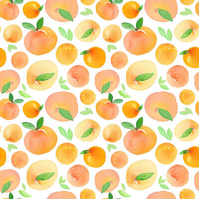 Food And Beverage Drawings - Seamless pattern with hand painted watercolor peaches by Julien