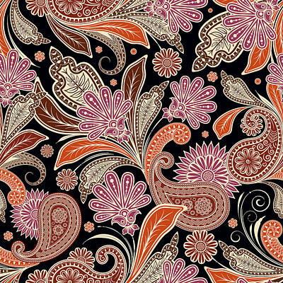 Abstract Flowers Drawings - Seamless Pattern With Paisley  by Julien