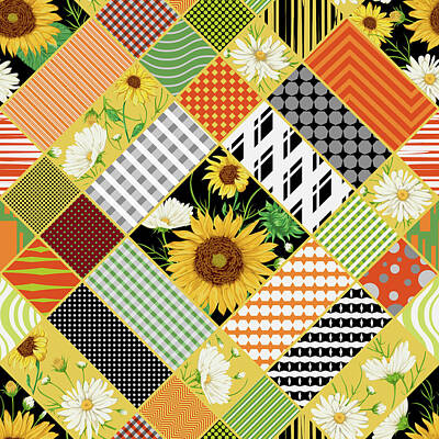 Sunflowers Mixed Media - Seamless pattern with sunflowers white chamomile flowers and geometric ornament by Julien
