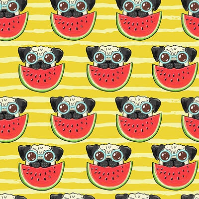 Royalty-Free and Rights-Managed Images - Seamless summer background pattern with funny pug dog in sunglasses eating watermelon by Julien