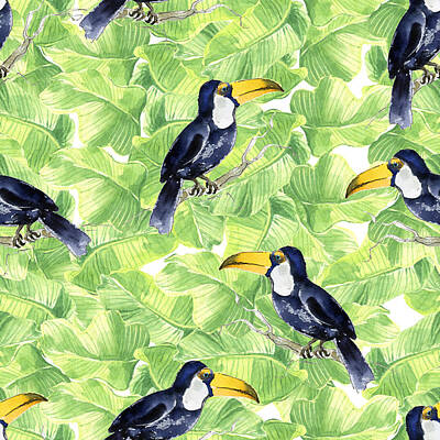 Royalty-Free and Rights-Managed Images - Seamless watercolor pattern with toucan on green leaves by Julien