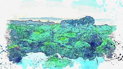 Abstract Alcohol Inks - Seashore Green Rocks Sunset, watercolor, by Ahmet Asar by Celestial Images