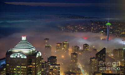 Skylines Rights Managed Images - Seattle Night Fog Layers Royalty-Free Image by Mike Reid