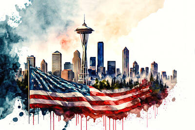Digital Art Rights Managed Images - Seattle Skyline USA Royalty-Free Image by Wes and Dotty Weber