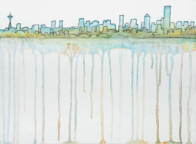 Skylines Paintings - Seattle Skyline Water View by Jani Freimann