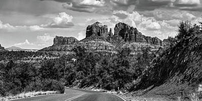 Mother And Child Paintings - Sedona Arizona Road to Cathedral Rock - Black and White Panorama by Gregory Ballos
