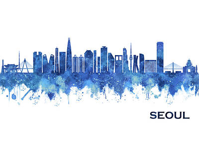 Skylines Mixed Media - Seoul South Korea Skyline Blue by NextWay Art
