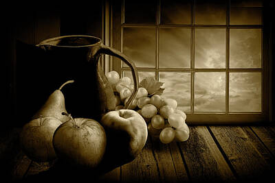 Randall Nyhof Royalty-Free and Rights-Managed Images - Sepia Tone of Fruit Still Life with Pitcher by Window at Sunset by Randall Nyhof