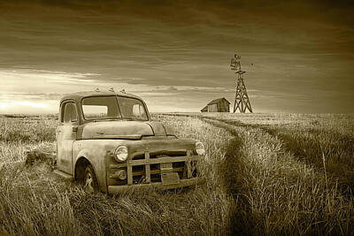 Randall Nyhof Royalty-Free and Rights-Managed Images - Sepia Tone of Old Pickup Truck Abandoned on the Prairie by Randall Nyhof