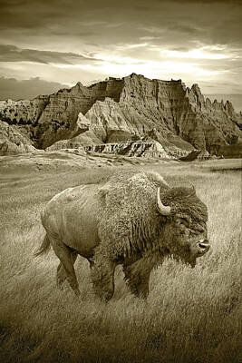 Portraits Photos - Sepia Tone Portrait of a Buffalo by the Badlands by Randall Nyhof