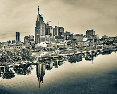 Skylines Photos - Sepia View of The Nashville City Skyline by Gregory Ballos