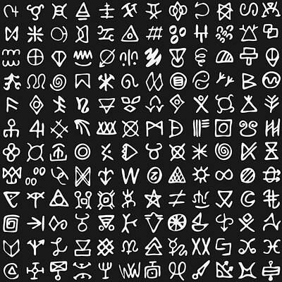 World War 1 Propaganda Posters - Set of symbols rune letters font. Ancient occult alphabet, Norse Scandinavian vikings like letters futhark, white ink isolated on black. Seamless pattern by Julien